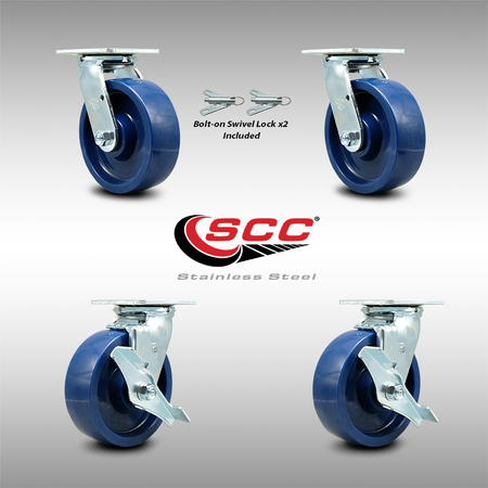 Service Caster 6 Inch SS Solid Poly Caster Set with Ball Bearings 2 Swivel Lock 2 Brake SCC SCC-SS30S620-SPUB-BSL-2-TLB-2